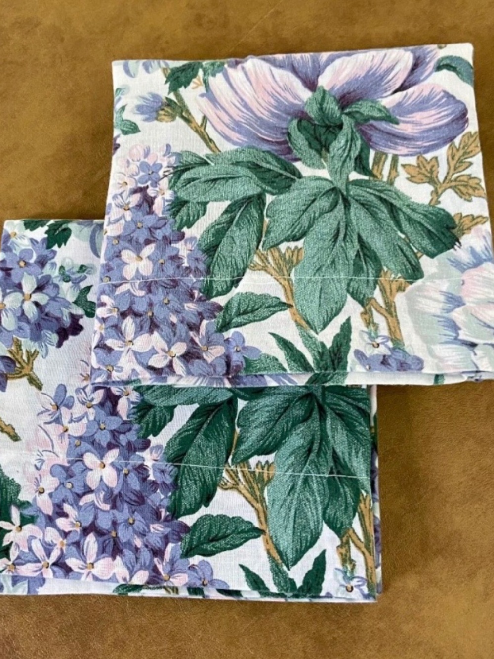 Set of Two Vintage Floral Pillow Cases; Lavender, Blue, Green; Hydrangeas